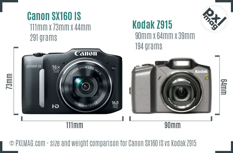 Canon SX160 IS vs Kodak Z915 size comparison