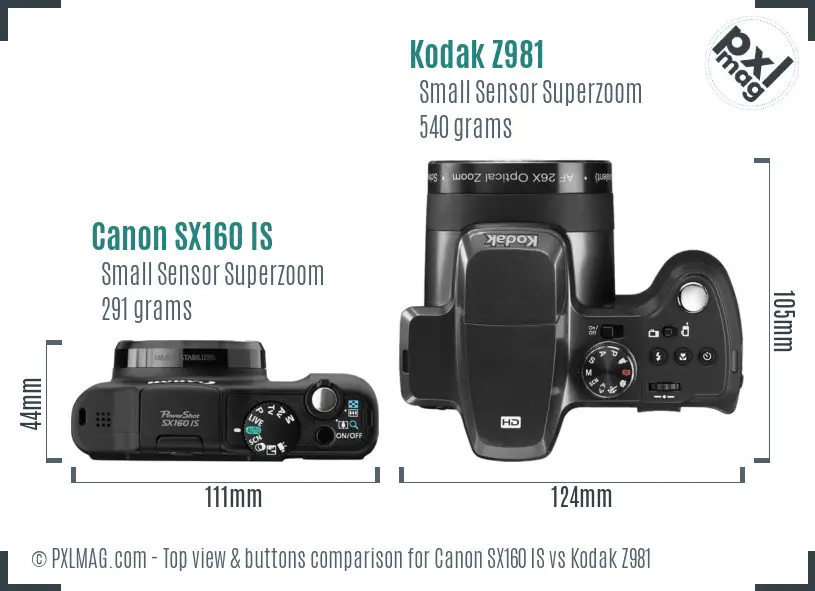 Canon SX160 IS vs Kodak Z981 top view buttons comparison