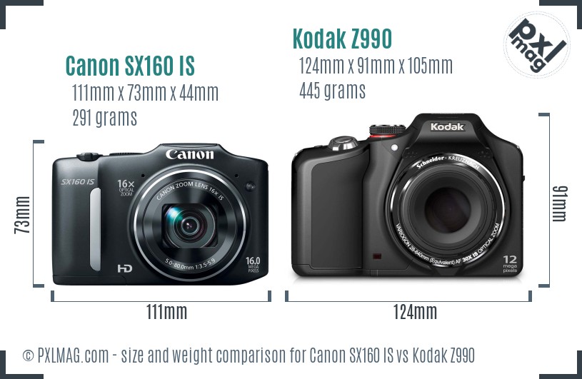 Canon SX160 IS vs Kodak Z990 size comparison