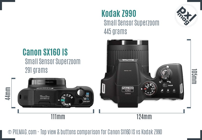 Canon SX160 IS vs Kodak Z990 top view buttons comparison