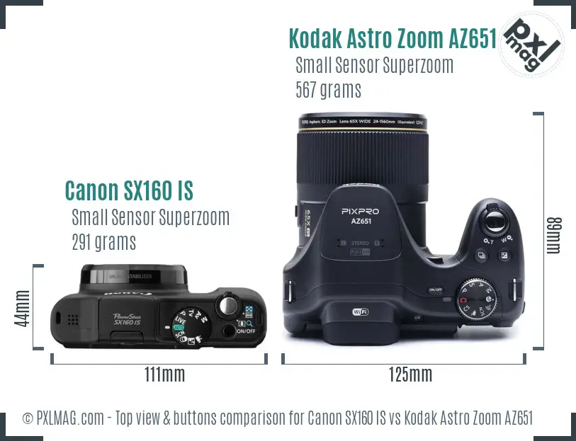 Canon SX160 IS vs Kodak Astro Zoom AZ651 top view buttons comparison