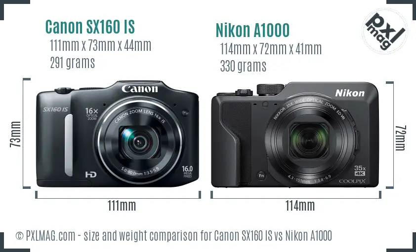 Canon SX160 IS vs Nikon A1000 size comparison