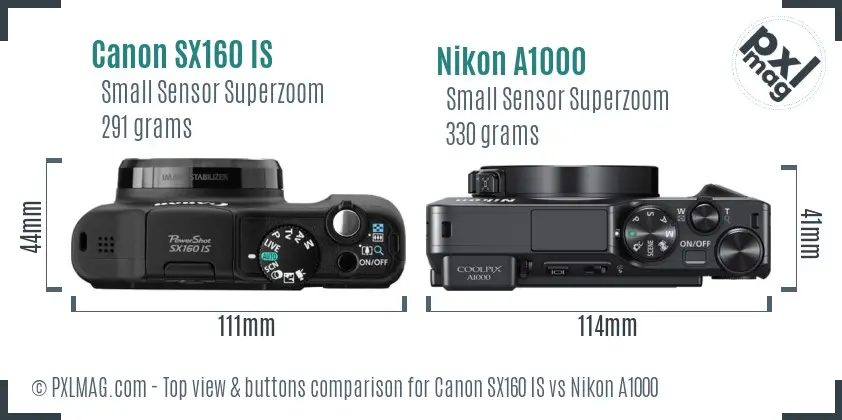 Canon SX160 IS vs Nikon A1000 top view buttons comparison