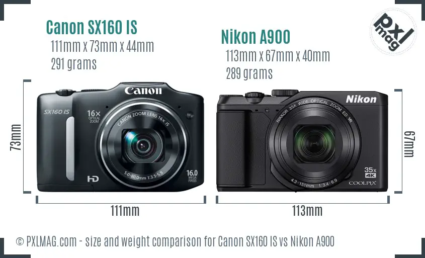 Canon SX160 IS vs Nikon A900 size comparison