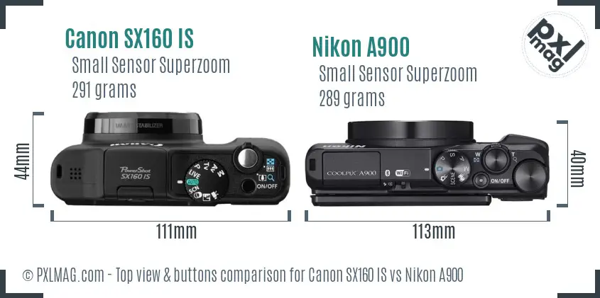 Canon SX160 IS vs Nikon A900 top view buttons comparison
