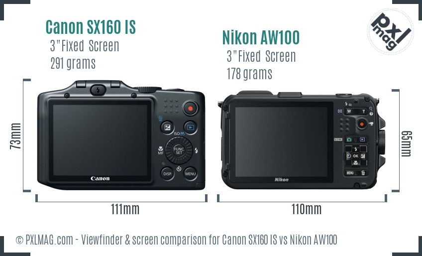 Canon SX160 IS vs Nikon AW100 Screen and Viewfinder comparison