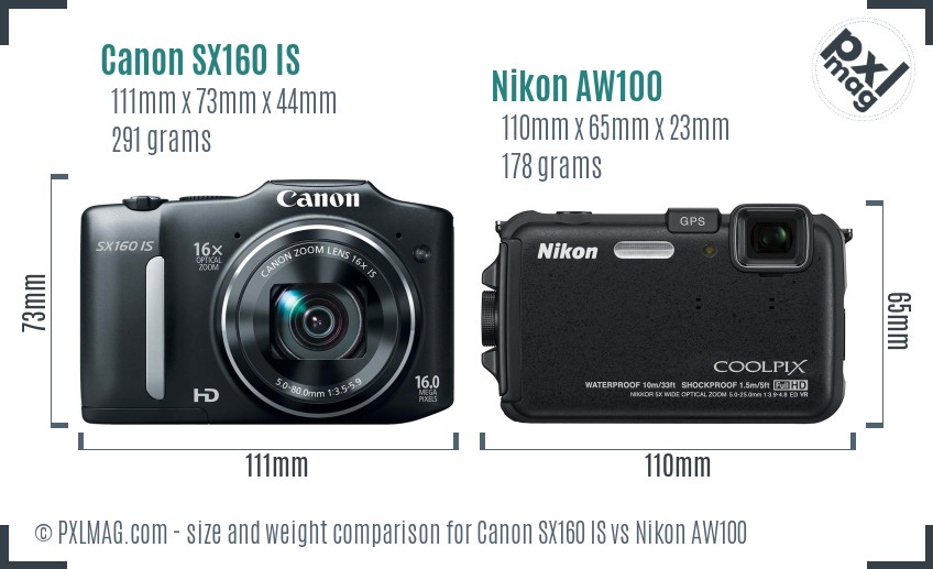 Canon SX160 IS vs Nikon AW100 size comparison