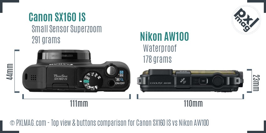 Canon SX160 IS vs Nikon AW100 top view buttons comparison