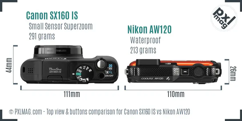 Canon SX160 IS vs Nikon AW120 top view buttons comparison