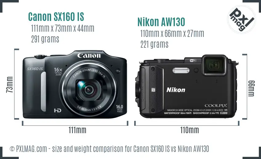 Canon SX160 IS vs Nikon AW130 size comparison