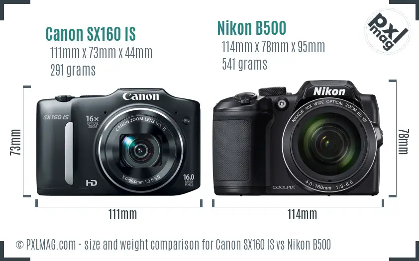 Canon SX160 IS vs Nikon B500 size comparison
