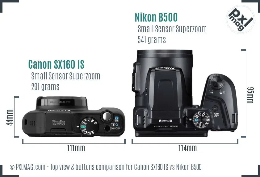 Canon SX160 IS vs Nikon B500 top view buttons comparison
