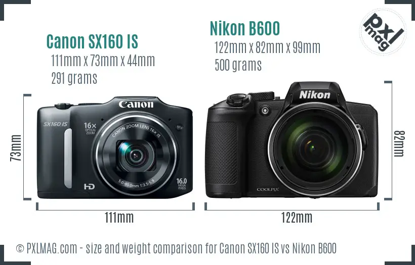 Canon SX160 IS vs Nikon B600 size comparison