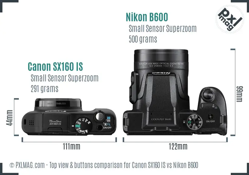 Canon SX160 IS vs Nikon B600 top view buttons comparison
