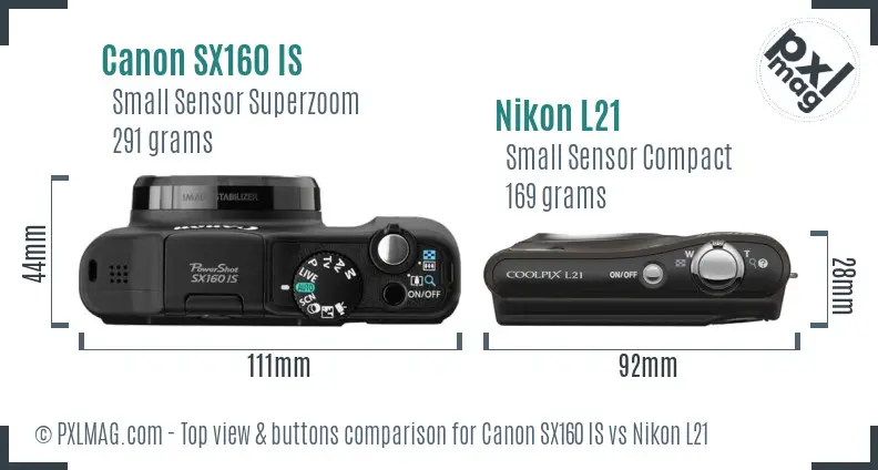 Canon SX160 IS vs Nikon L21 top view buttons comparison Canon SX160 IS vs Nikon L21 top view buttons comparison