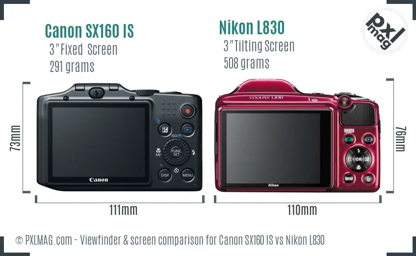 Canon SX160 IS vs Nikon L830 Screen and Viewfinder comparison