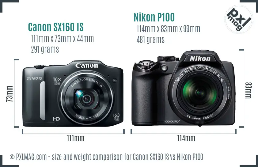 Canon SX160 IS vs Nikon P100 size comparison