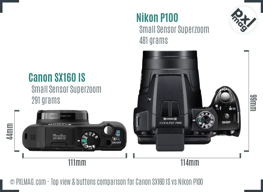 Canon SX160 IS vs Nikon P100 top view buttons comparison