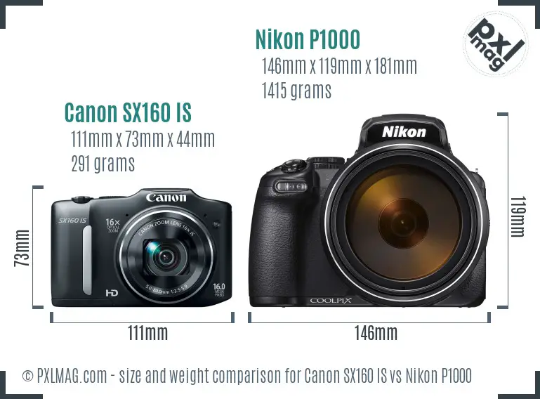 Canon SX160 IS vs Nikon P1000 size comparison Canon SX160 IS vs Nikon P1000 size comparison