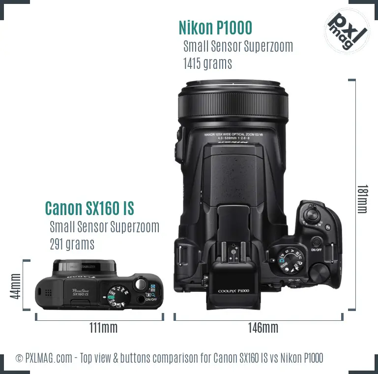 Canon SX160 IS vs Nikon P1000 top view buttons comparison Canon SX160 IS vs Nikon P1000 top view buttons comparison