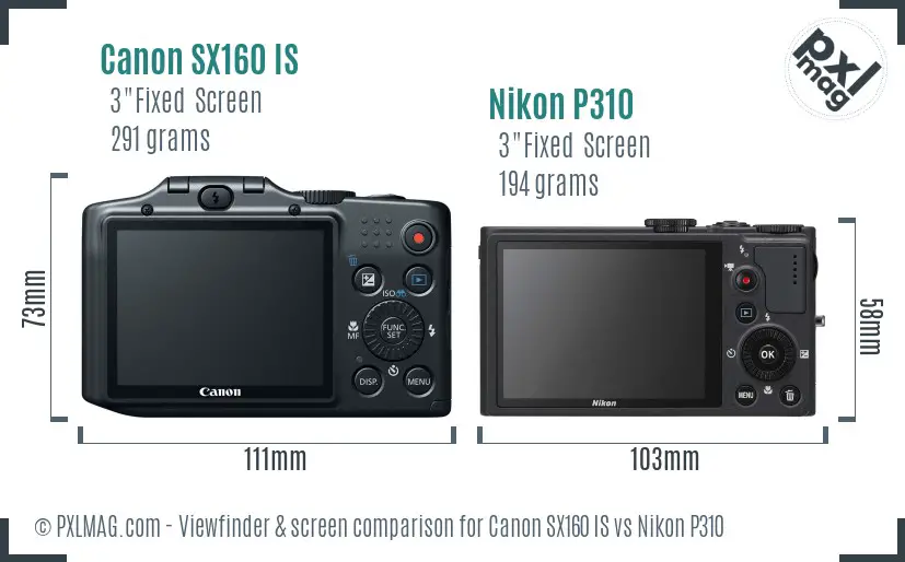 Canon SX160 IS vs Nikon P310 Screen and Viewfinder comparison