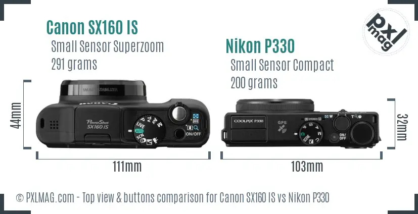 Canon SX160 IS vs Nikon P330 top view buttons comparison