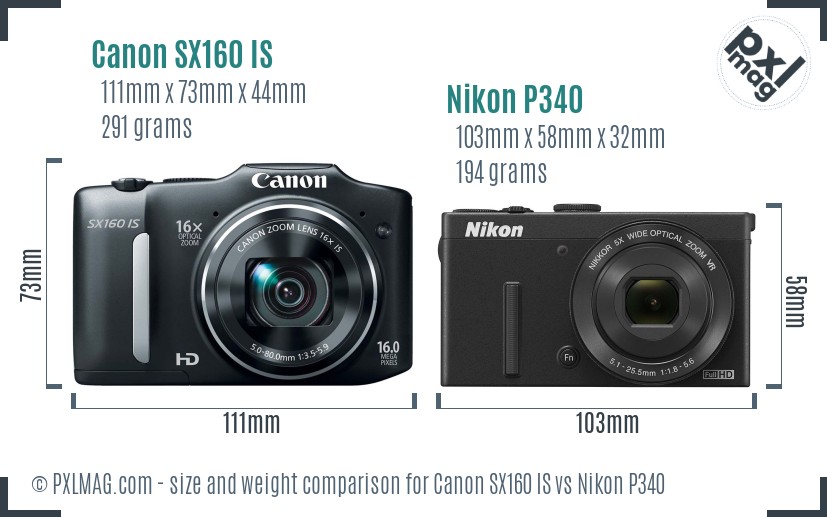 Canon SX160 IS vs Nikon P340 size comparison