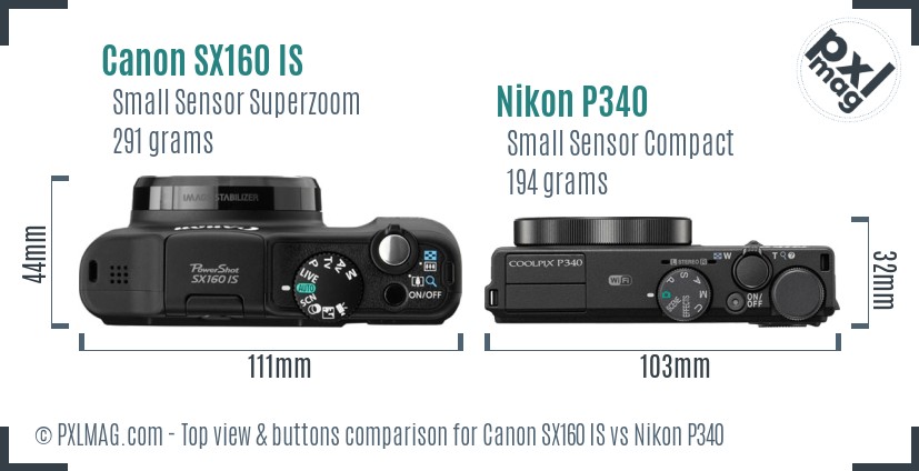 Canon SX160 IS vs Nikon P340 top view buttons comparison
