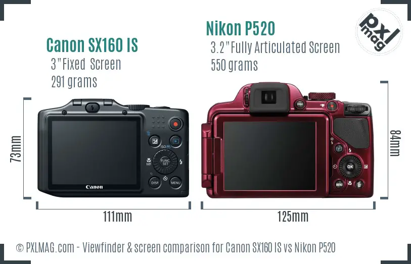 Canon SX160 IS vs Nikon P520 Screen and Viewfinder comparison