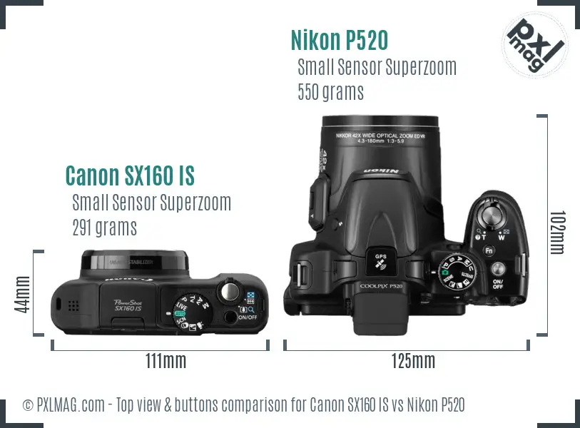 Canon SX160 IS vs Nikon P520 top view buttons comparison