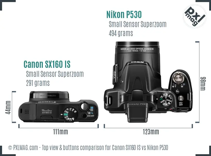 Canon SX160 IS vs Nikon P530 top view buttons comparison Canon SX160 IS vs Nikon P530 top view buttons comparison