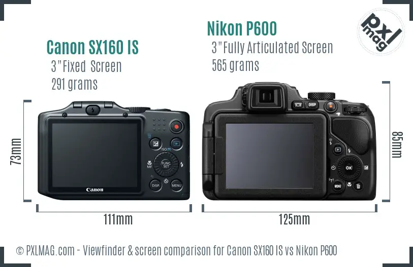 Canon SX160 IS vs Nikon P600 Screen and Viewfinder comparison