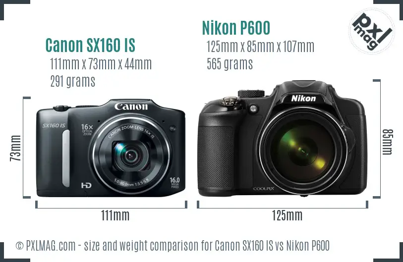 Canon SX160 IS vs Nikon P600 size comparison