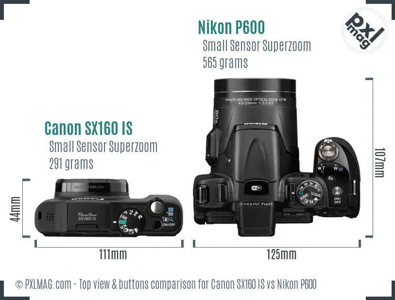 Canon SX160 IS vs Nikon P600 top view buttons comparison