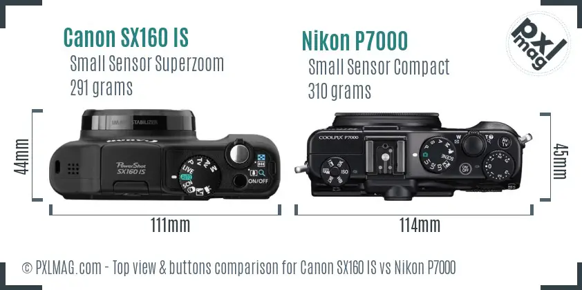 Canon SX160 IS vs Nikon P7000 top view buttons comparison