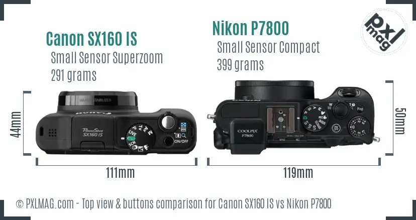 Canon SX160 IS vs Nikon P7800 top view buttons comparison Canon SX160 IS vs Nikon P7800 top view buttons comparison