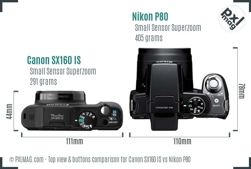 Canon SX160 IS vs Nikon P80 top view buttons comparison