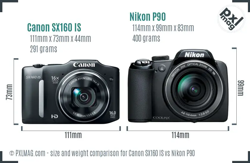 Canon SX160 IS vs Nikon P90 size comparison