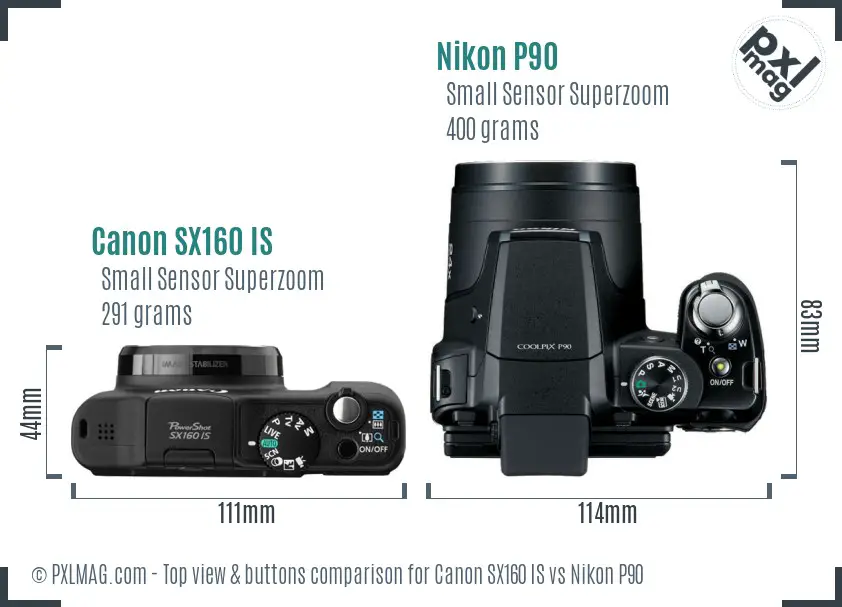 Canon SX160 IS vs Nikon P90 top view buttons comparison