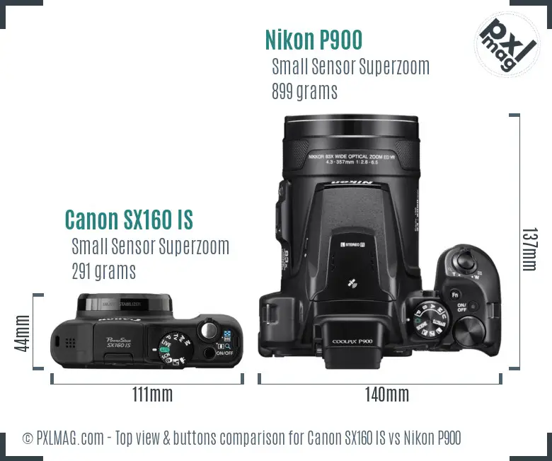 Canon SX160 IS vs Nikon P900 top view buttons comparison