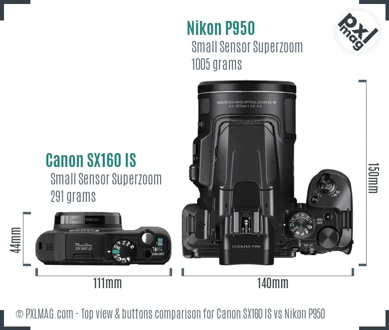 Canon SX160 IS vs Nikon P950 top view buttons comparison