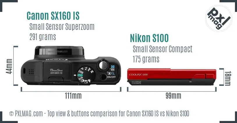 Canon SX160 IS vs Nikon S100 top view buttons comparison