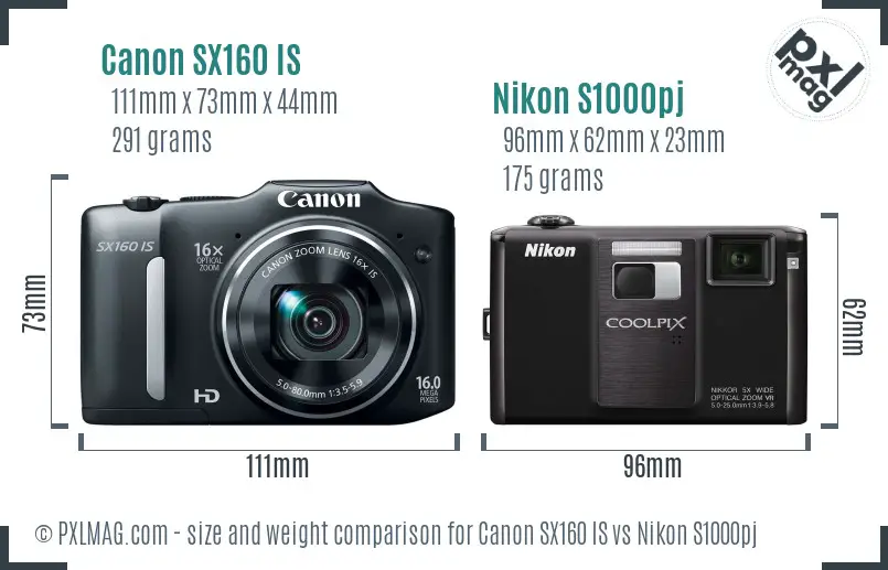 Canon SX160 IS vs Nikon S1000pj size comparison Canon SX160 IS vs Nikon S1000pj size comparison