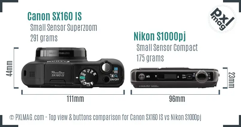 Canon SX160 IS vs Nikon S1000pj top view buttons comparison Canon SX160 IS vs Nikon S1000pj top view buttons comparison