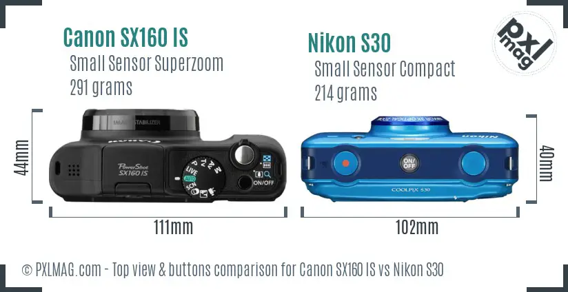 Canon SX160 IS vs Nikon S30 top view buttons comparison Canon SX160 IS vs Nikon S30 top view buttons comparison