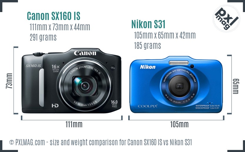 Canon SX160 IS vs Nikon S31 size comparison Canon SX160 IS vs Nikon S31 size comparison
