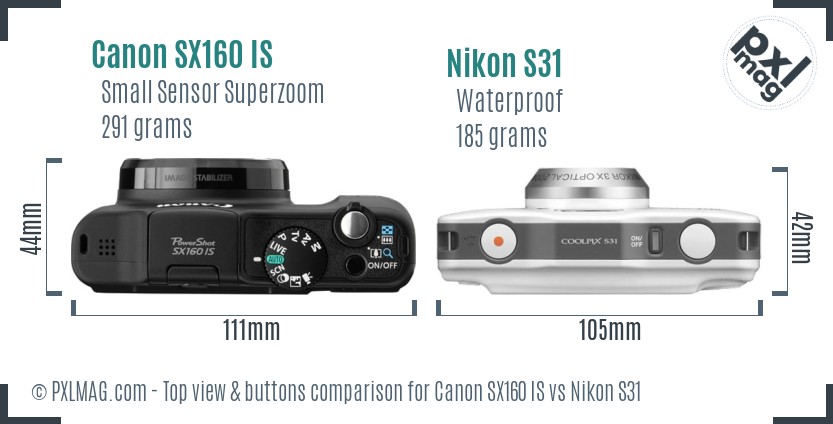 Canon SX160 IS vs Nikon S31 top view buttons comparison