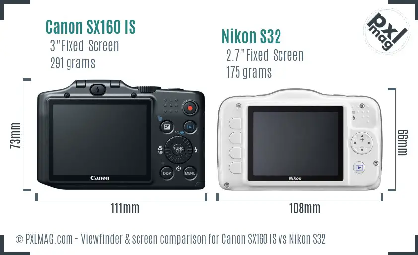 Canon SX160 IS vs Nikon S32 Screen and Viewfinder comparison