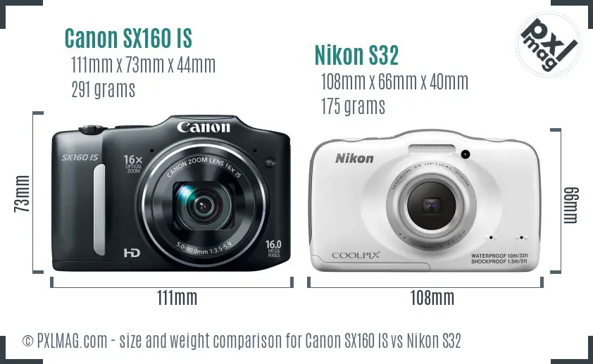Canon SX160 IS vs Nikon S32 size comparison