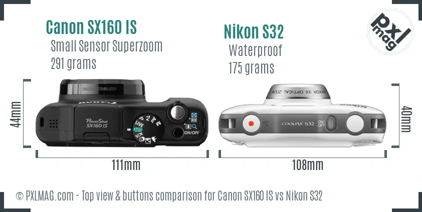 Canon SX160 IS vs Nikon S32 top view buttons comparison